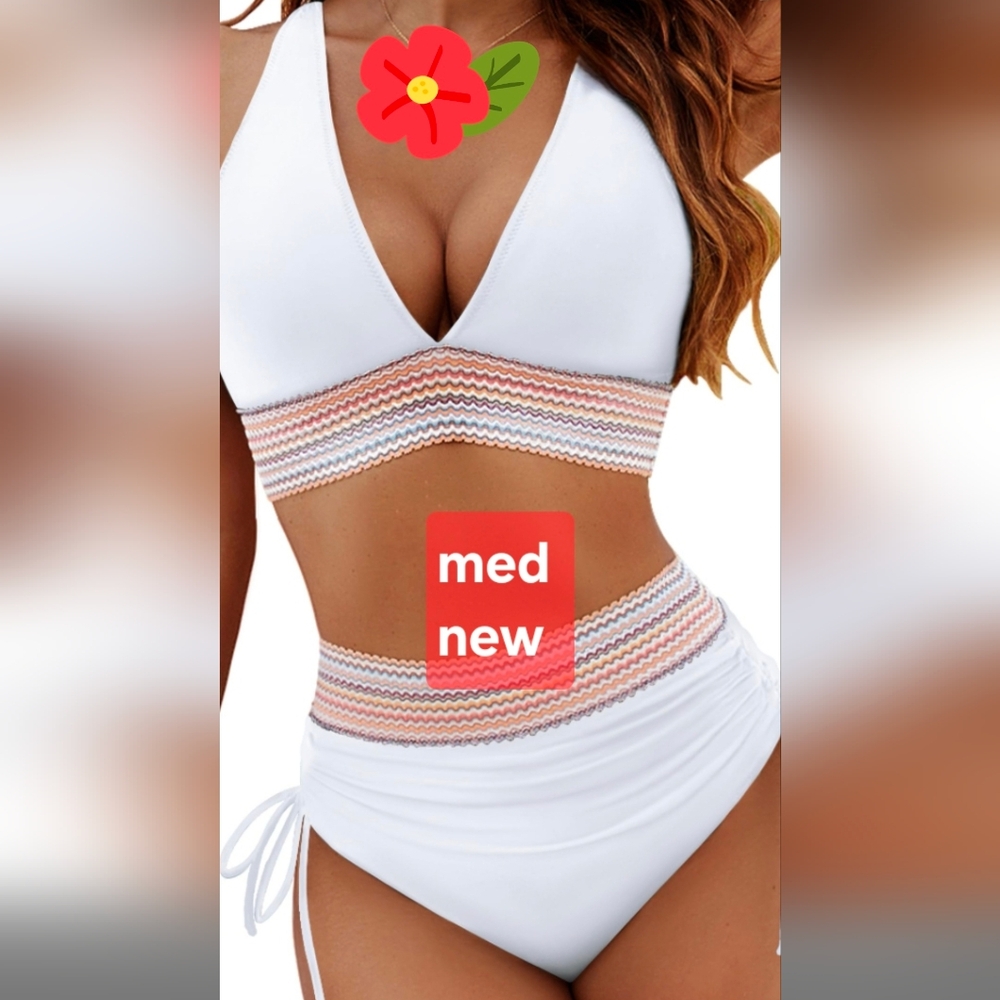White and Multicolor Striped Bikini Set